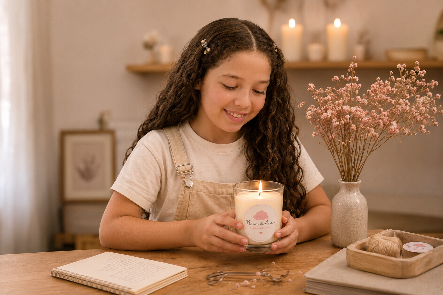 Júlia, fundadora da Nuvem de Aroma, segurando uma vela artesanal
